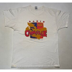 VINTAGE Radio Carnivale 1020AM Graphic T-shirt Men Large White Short Sleeve 90s